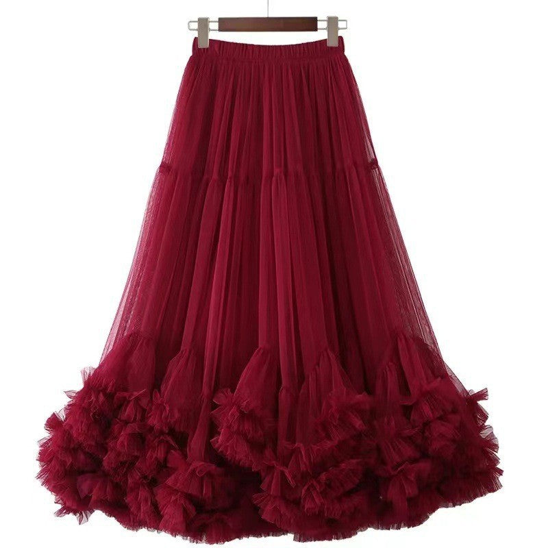 Autumn Heavy Industry Fungus Edge Splicing Large Hem Tutu Skirt High Waist A-Line Fairy Elegant Cake Skirt Mesh Skirt