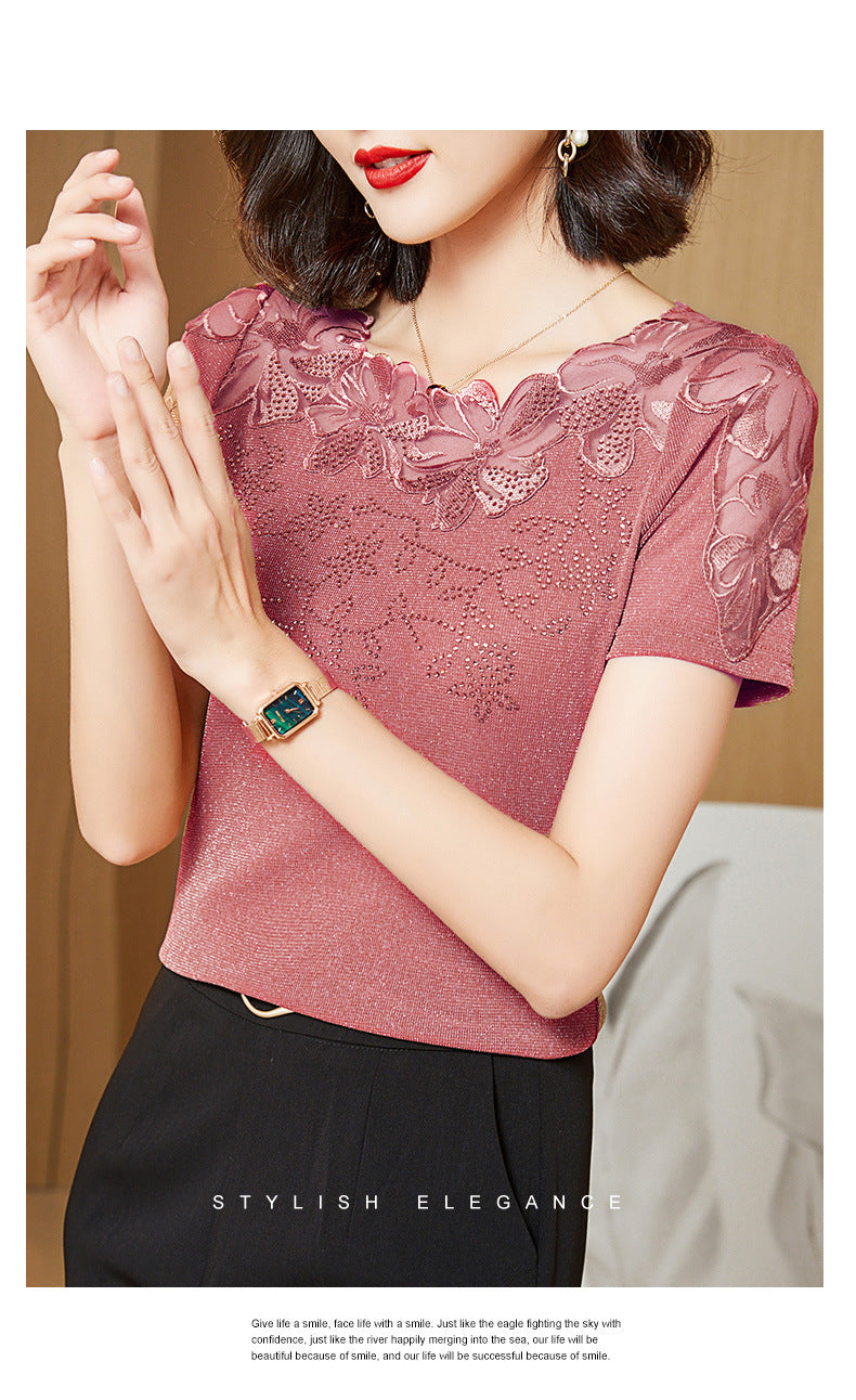 Summer New Lace Blouse, Stylish Diamond-Embroidered Short-Sleeved Women's Top, T-Shirt, Gauze Blouse