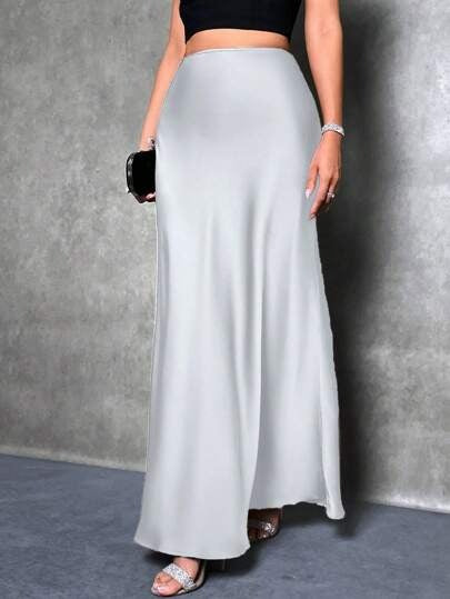 Foreign Trade Cross-Border Satin Skirt Spring and Summer New European and American Amazon Simple Imitation Silk Long Skirt Women's Clothing