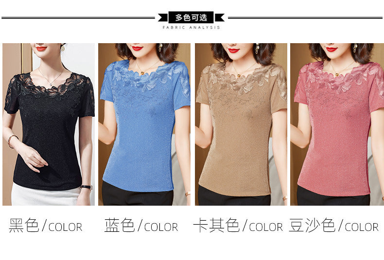 Summer New Lace Blouse, Stylish Diamond-Embroidered Short-Sleeved Women's Top, T-Shirt, Gauze Blouse