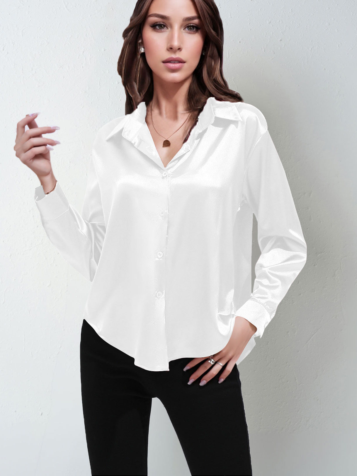 Satin Shirt Women's Satin Imitation Silk Long-Sleeved Amazon's Popular Solid Color Top Elegant Button-Down Lapel Shirt