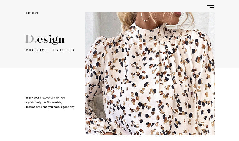 Trendy European and American Fashion Leopard Print Chiffon Blouse for Women Early Autumn New Stylish Commuter Stand Collar Long Sleeve Pullover Top