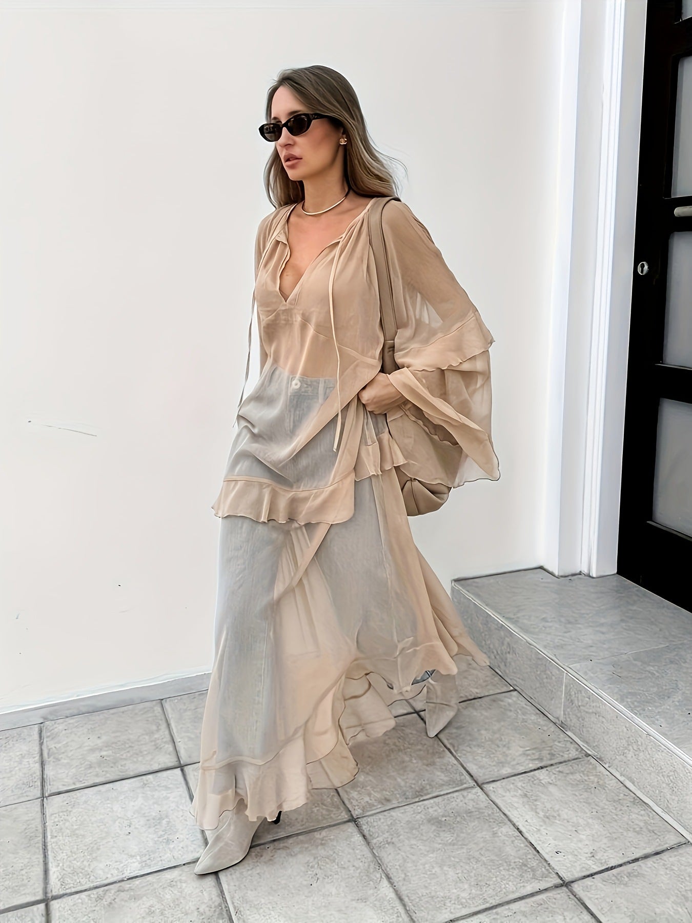 Cross-Border Women's Bat Sleeve Dress Fashionable Sun Protection Blouse Long Skirt See-Through