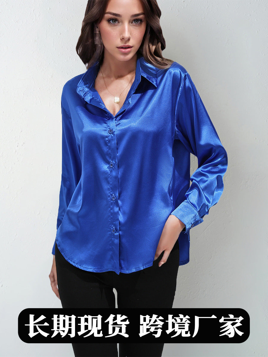 Satin Shirt Women's Satin Imitation Silk Long-Sleeved Amazon's Popular Solid Color Top Elegant Button-Down Lapel Shirt