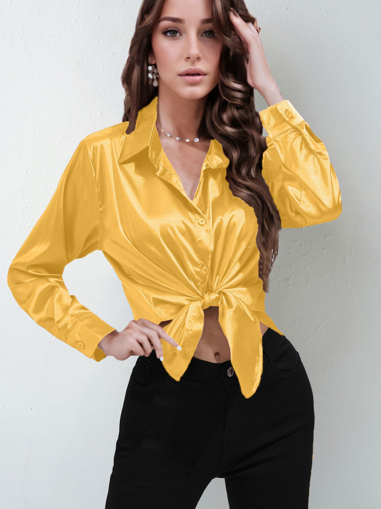 Satin Shirt Women's Satin Imitation Silk Long-Sleeved Amazon's Popular Solid Color Top Elegant Button-Down Lapel Shirt