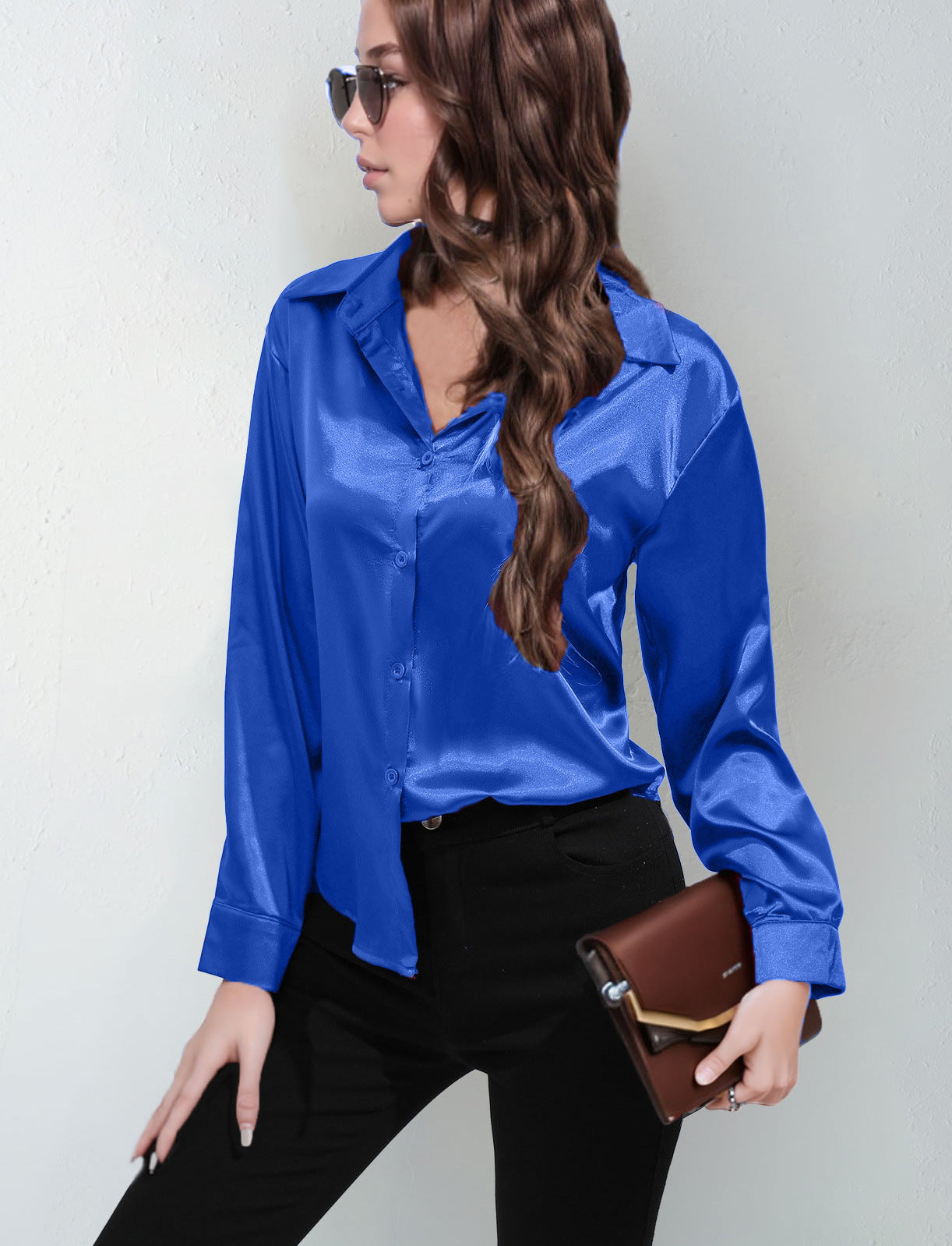 Satin Shirt Women's Satin Imitation Silk Long-Sleeved Amazon's Popular Solid Color Top Elegant Button-Down Lapel Shirt