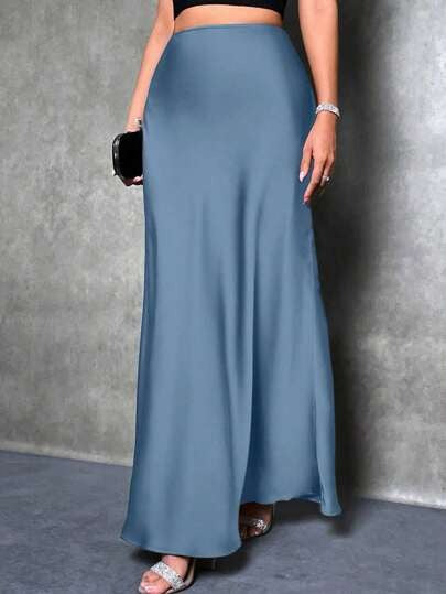 Foreign Trade Cross-Border Satin Skirt Spring and Summer New European and American Amazon Simple Imitation Silk Long Skirt Women's Clothing