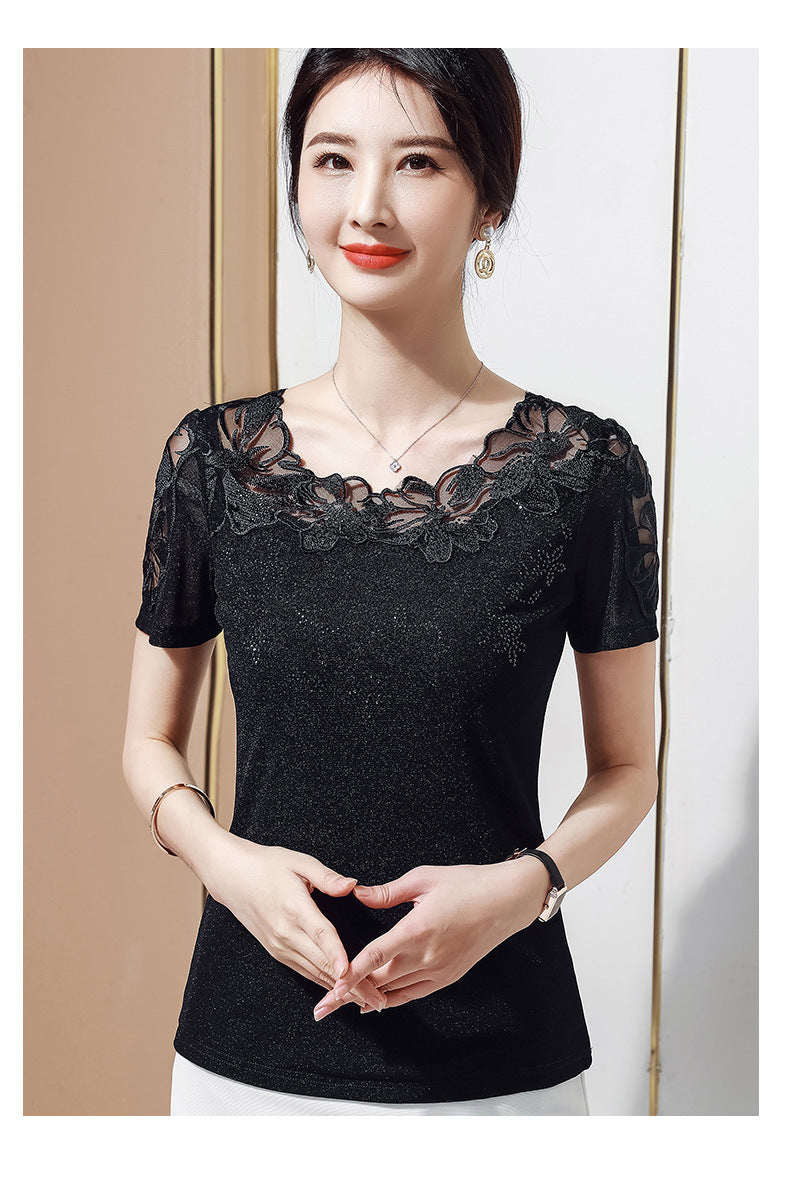 Summer New Lace Blouse, Stylish Diamond-Embroidered Short-Sleeved Women's Top, T-Shirt, Gauze Blouse