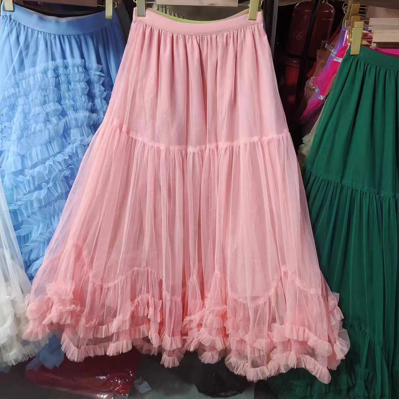 Autumn Heavy Industry Fungus Edge Splicing Large Hem Tutu Skirt High Waist A-Line Fairy Elegant Cake Skirt Mesh Skirt