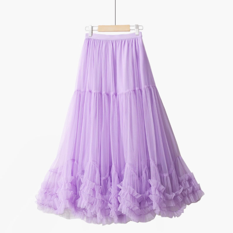 Autumn Heavy Industry Fungus Edge Splicing Large Hem Tutu Skirt High Waist A-Line Fairy Elegant Cake Skirt Mesh Skirt