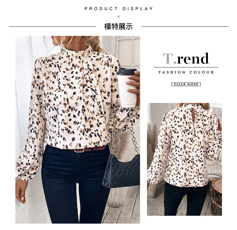 Trendy European and American Fashion Leopard Print Chiffon Blouse for Women Early Autumn New Stylish Commuter Stand Collar Long Sleeve Pullover Top
