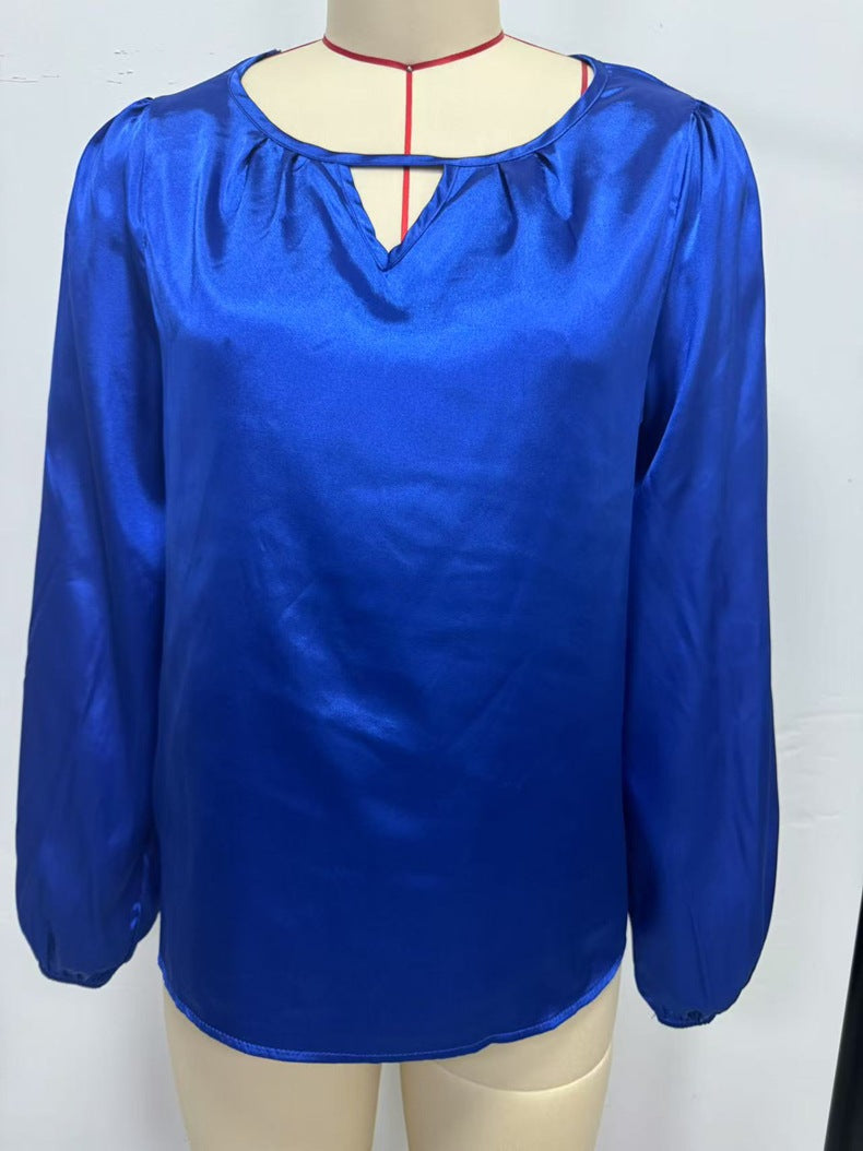 European and American Cross-Border Women's Satin Shirt Women's Export Amazon Imitation Silk Casual Pleated Long-Sleeved Top