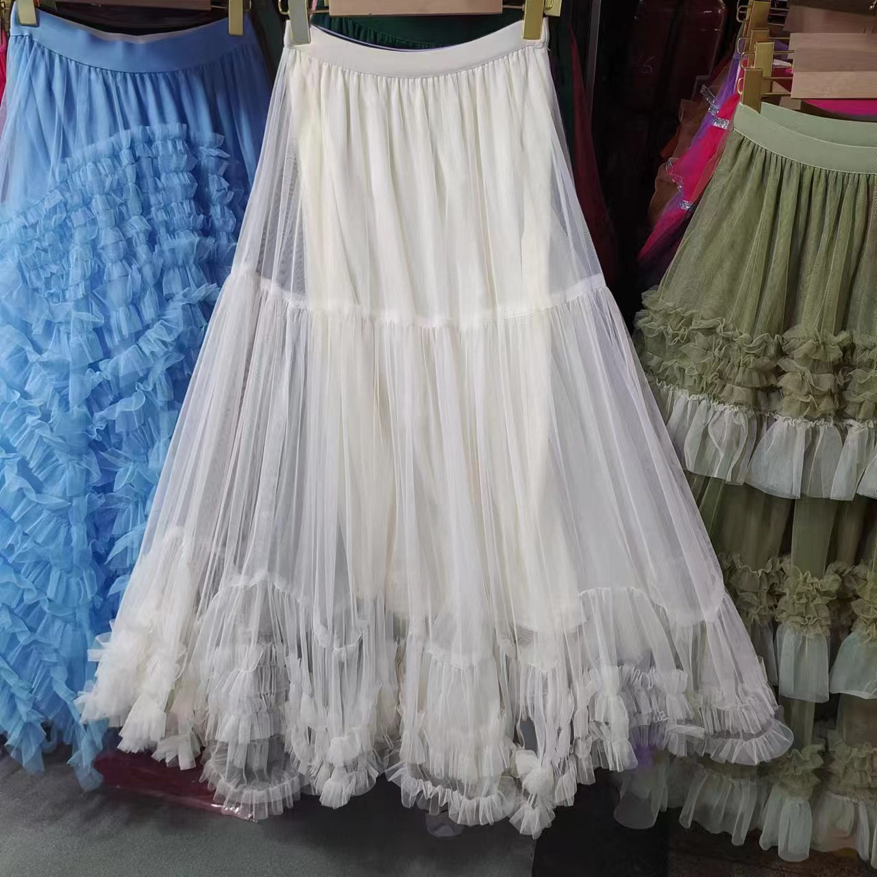 Autumn Heavy Industry Fungus Edge Splicing Large Hem Tutu Skirt High Waist A-Line Fairy Elegant Cake Skirt Mesh Skirt