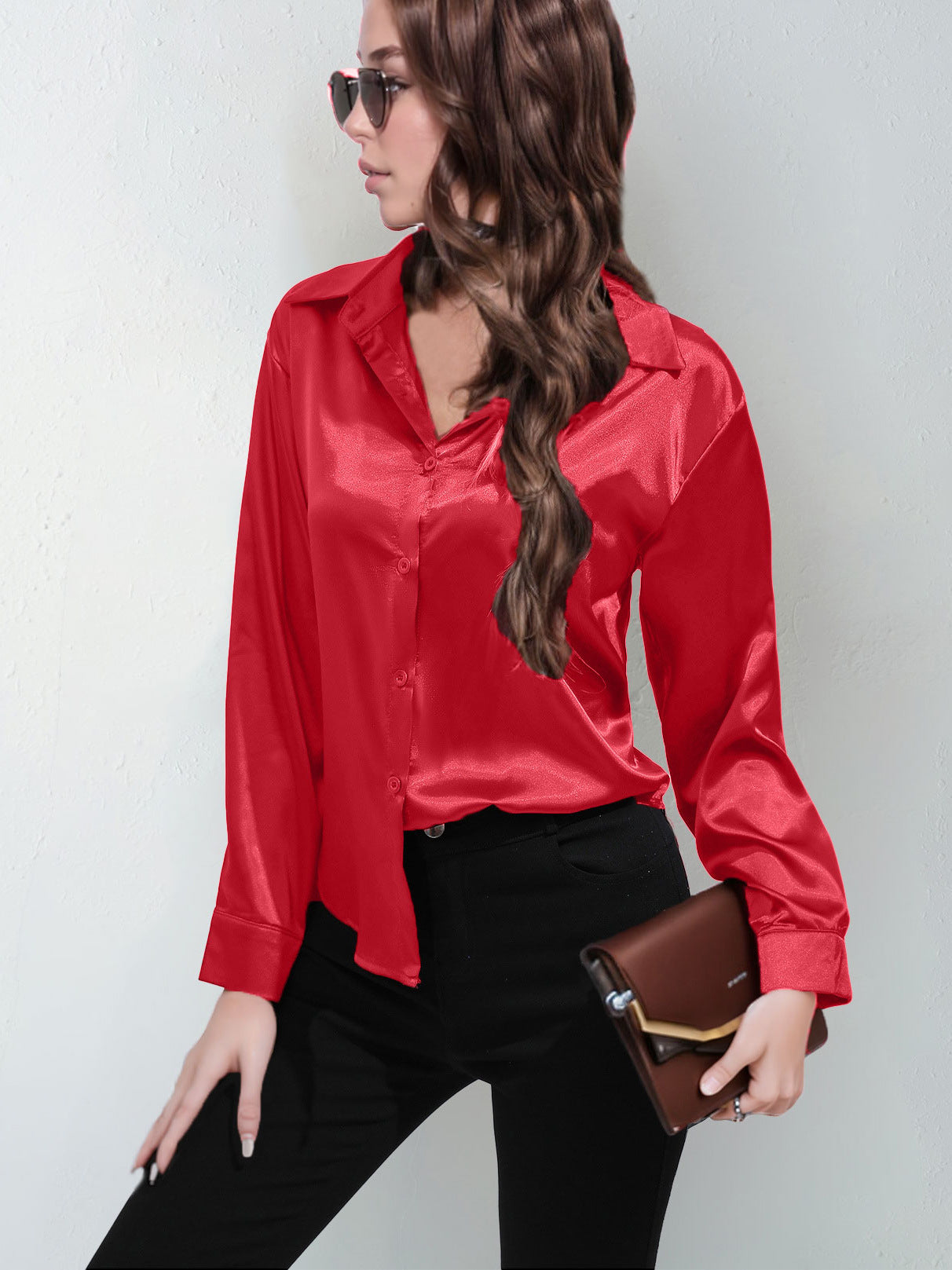 Satin Shirt Women's Satin Imitation Silk Long-Sleeved Amazon's Popular Solid Color Top Elegant Button-Down Lapel Shirt