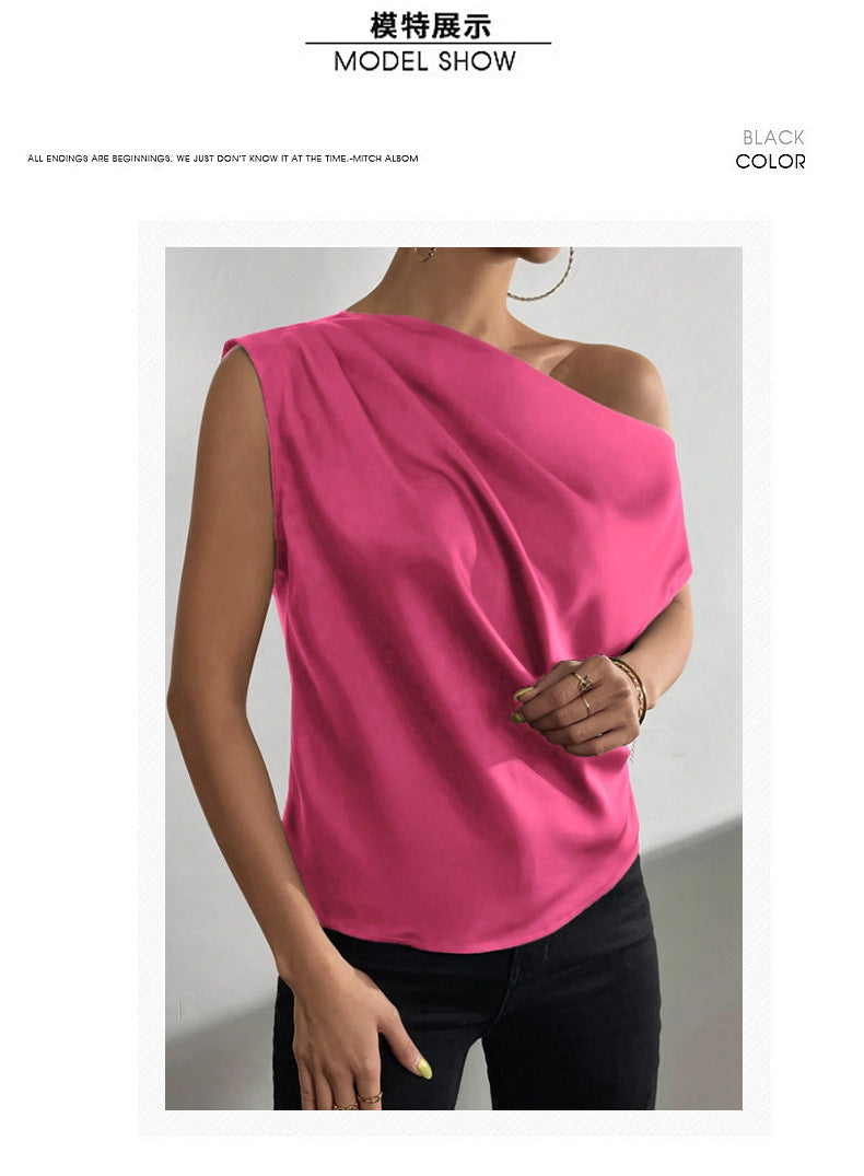 2026 Spring Solid Color Satin Imitation Silk Irregular Off-Shoulder One-Neck Pullover Sleeveless Shirt for Women European and American Fashion
