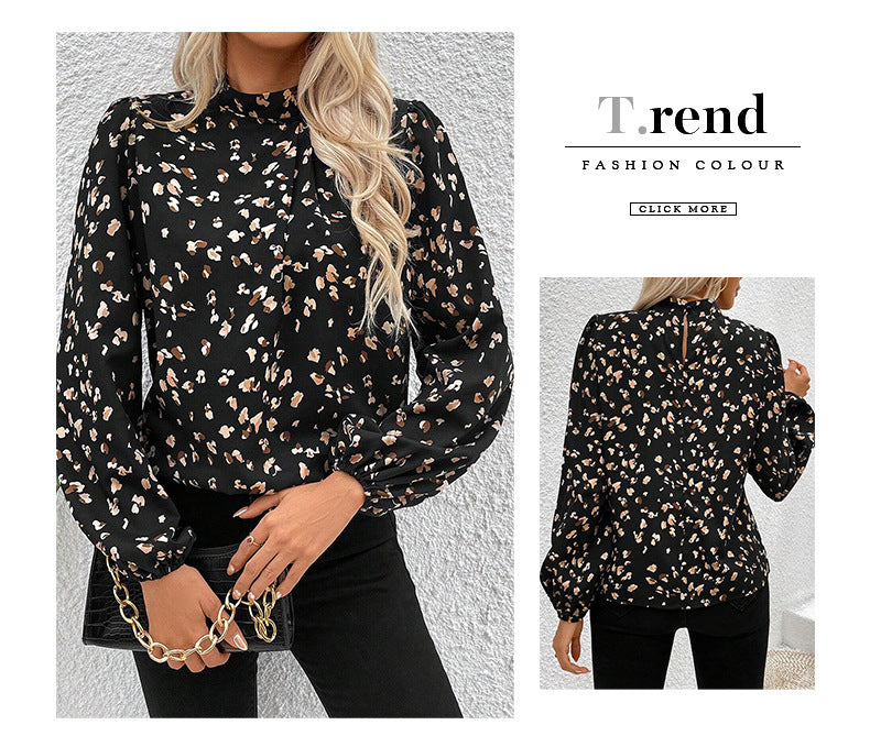 Trendy European and American Fashion Leopard Print Chiffon Blouse for Women Early Autumn New Stylish Commuter Stand Collar Long Sleeve Pullover Top