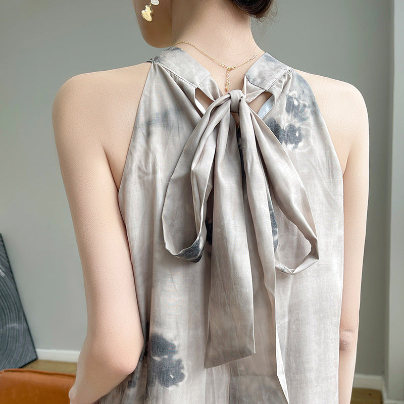 Summer Thin New Silk Satin Halterneck Dress with Sexy and Beautiful Back Lace-Up Vest Sleeveless Mulberry Silk