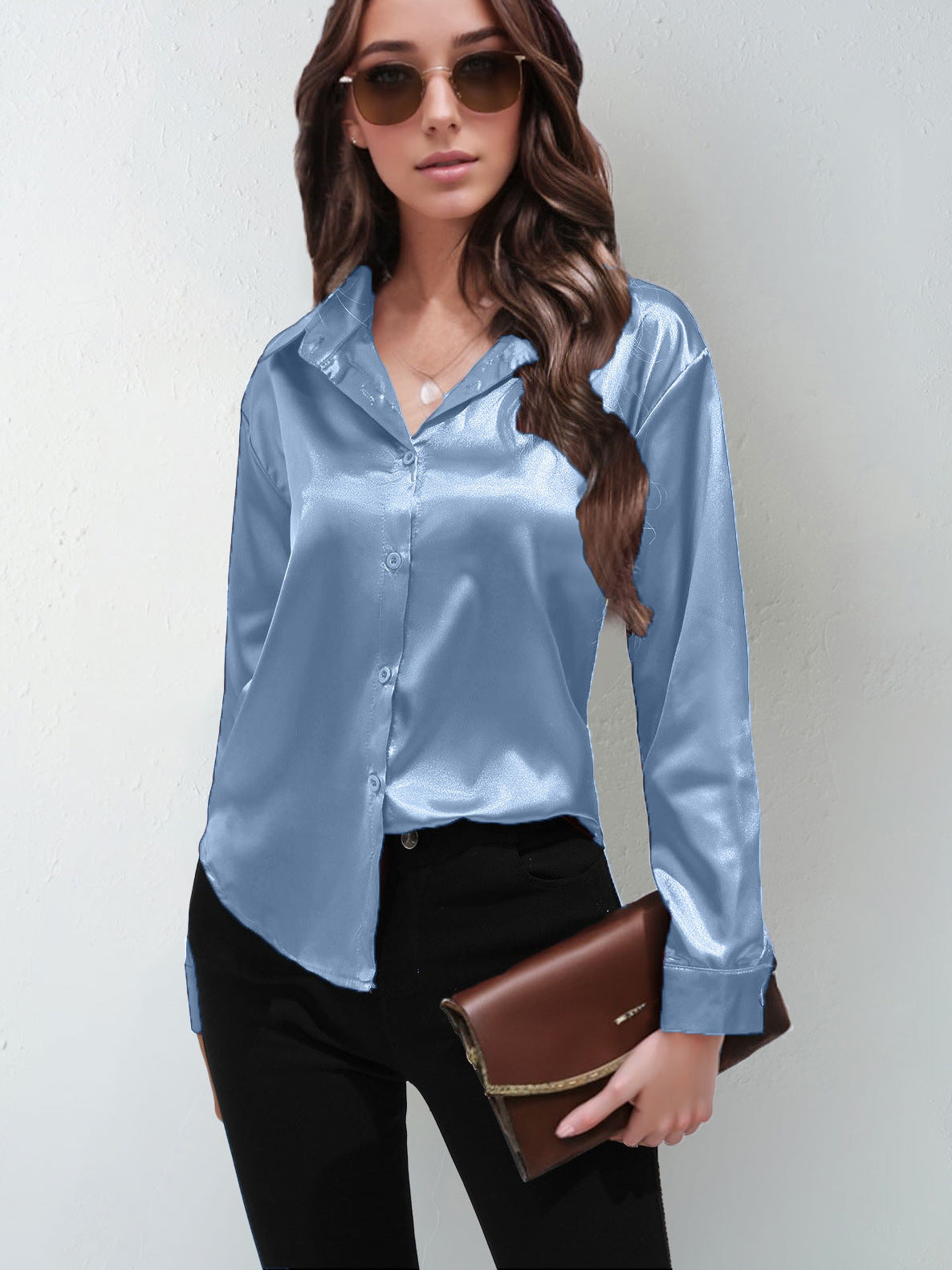 Satin Shirt Women's Satin Imitation Silk Long-Sleeved Amazon's Popular Solid Color Top Elegant Button-Down Lapel Shirt
