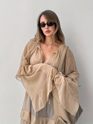 Cross-Border Women's Bat Sleeve Dress Fashionable Sun Protection Blouse Long Skirt See-Through