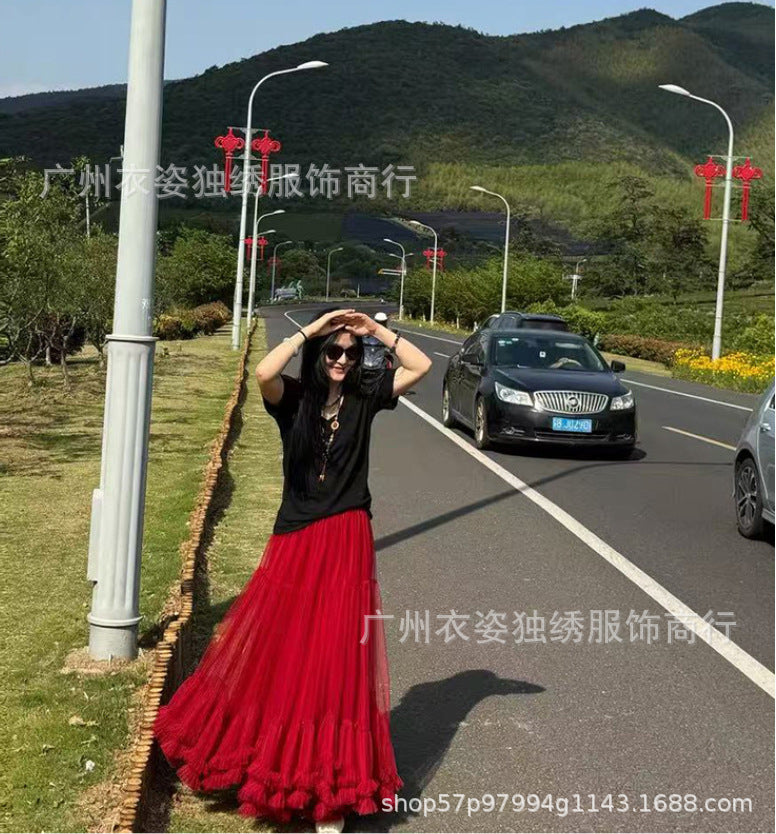 Autumn Heavy Industry Fungus Edge Splicing Large Hem Tutu Skirt High Waist A-Line Fairy Elegant Cake Skirt Mesh Skirt