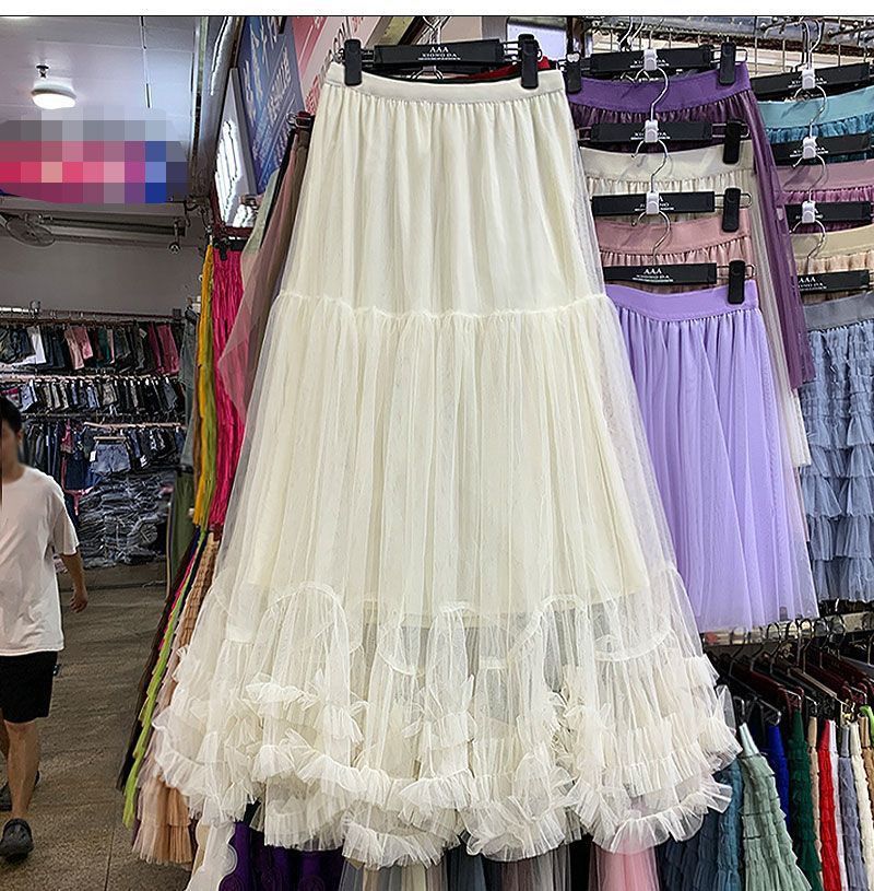 Autumn Heavy Industry Fungus Edge Splicing Large Hem Tutu Skirt High Waist A-Line Fairy Elegant Cake Skirt Mesh Skirt