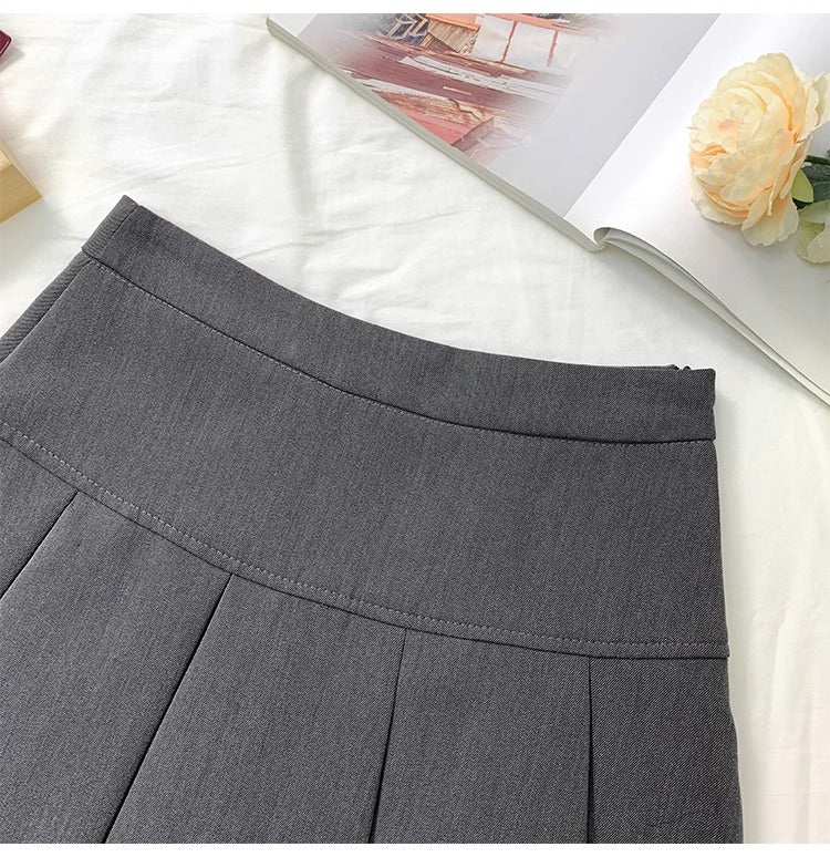 Grey Pleated Skirt Women's Spring and Autumn High Waist Skirt Design Sense Slimming All-match Anti-glare A- line Skirt 2024 New Style