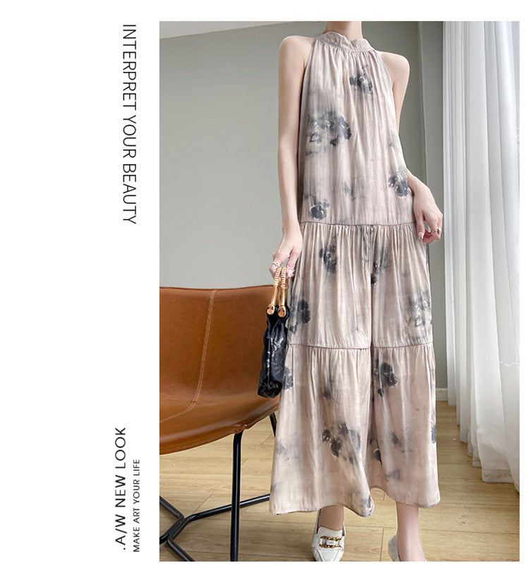 Summer Thin New Silk Satin Halterneck Dress with Sexy and Beautiful Back Lace-Up Vest Sleeveless Mulberry Silk