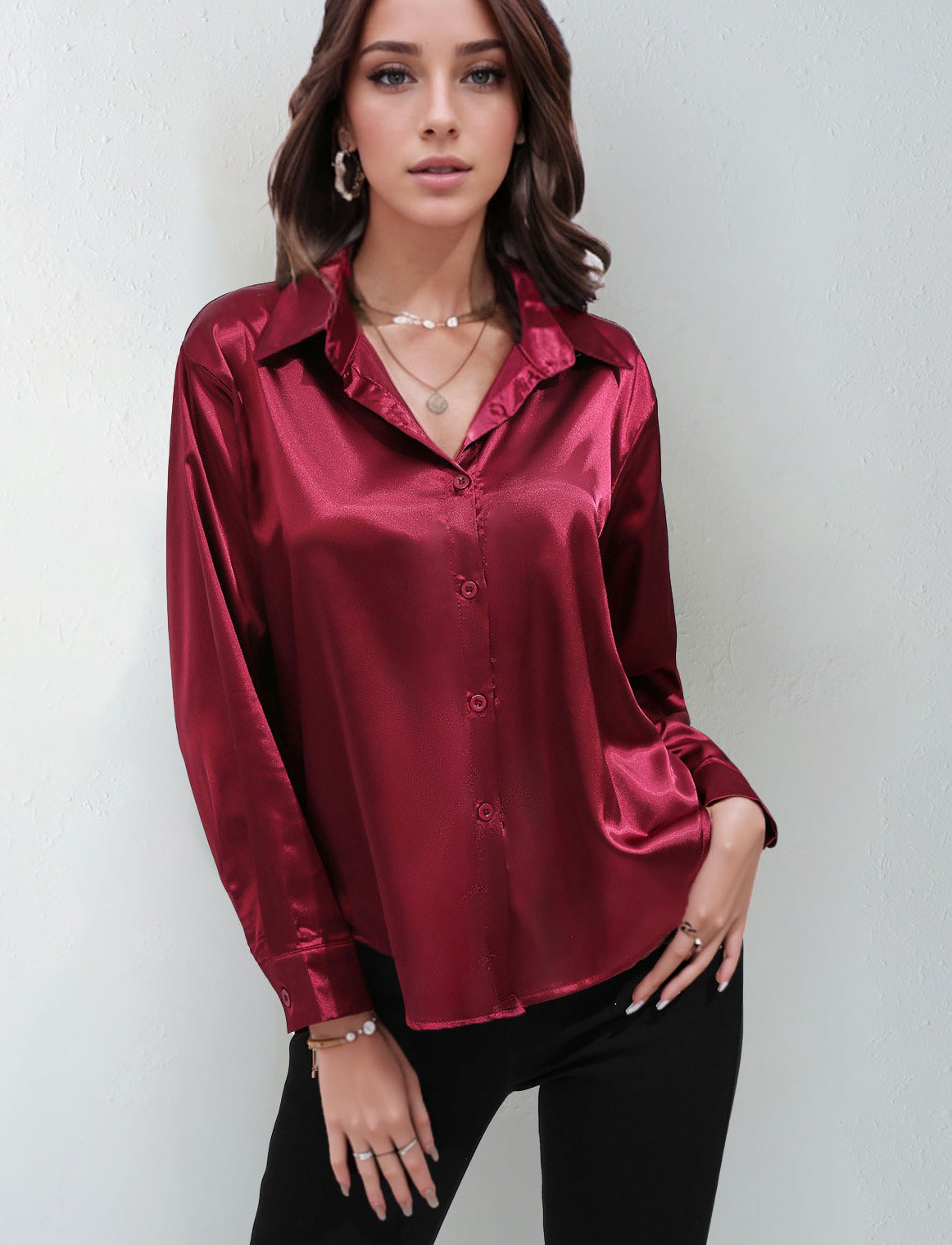 Satin Shirt Women's Satin Imitation Silk Long-Sleeved Amazon's Popular Solid Color Top Elegant Button-Down Lapel Shirt