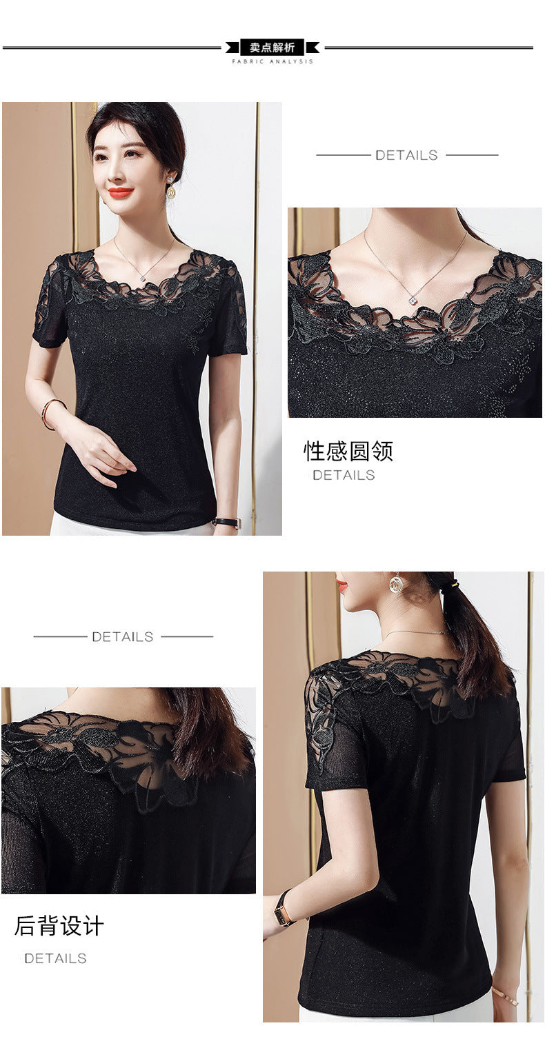 Summer New Lace Blouse, Stylish Diamond-Embroidered Short-Sleeved Women's Top, T-Shirt, Gauze Blouse
