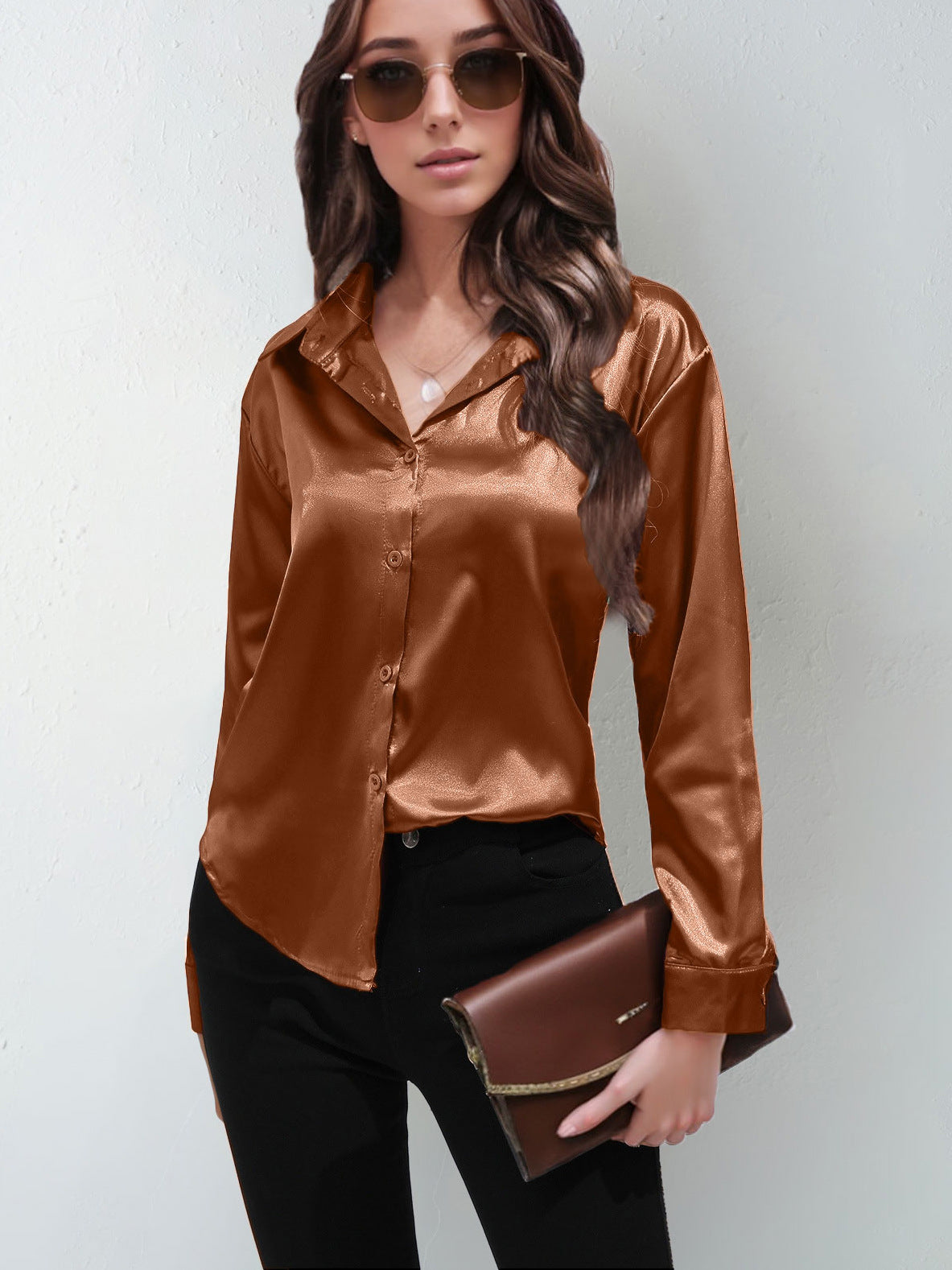 Satin Shirt Women's Satin Imitation Silk Long-Sleeved Amazon's Popular Solid Color Top Elegant Button-Down Lapel Shirt