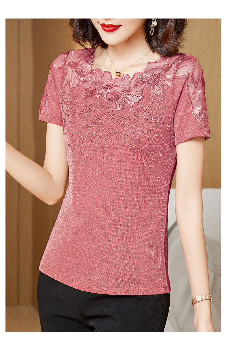 Summer New Lace Blouse, Stylish Diamond-Embroidered Short-Sleeved Women's Top, T-Shirt, Gauze Blouse