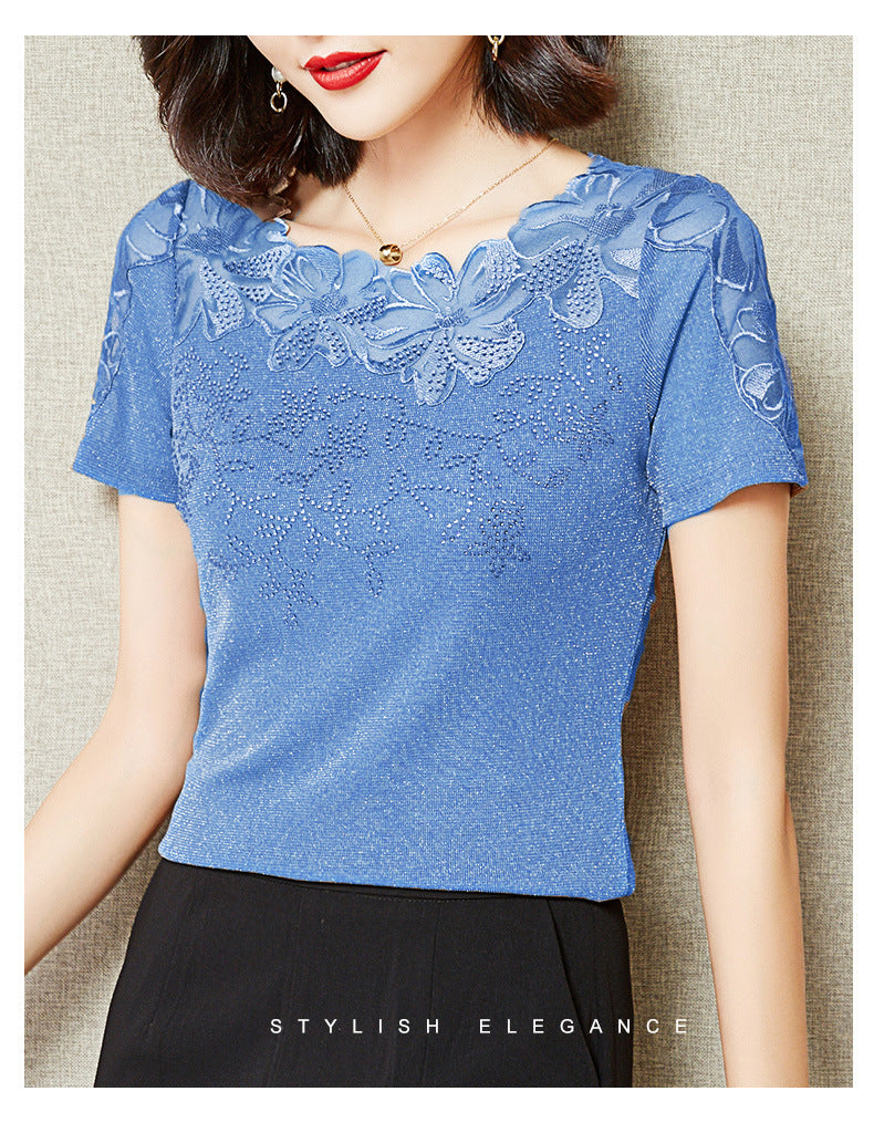 Summer New Lace Blouse, Stylish Diamond-Embroidered Short-Sleeved Women's Top, T-Shirt, Gauze Blouse