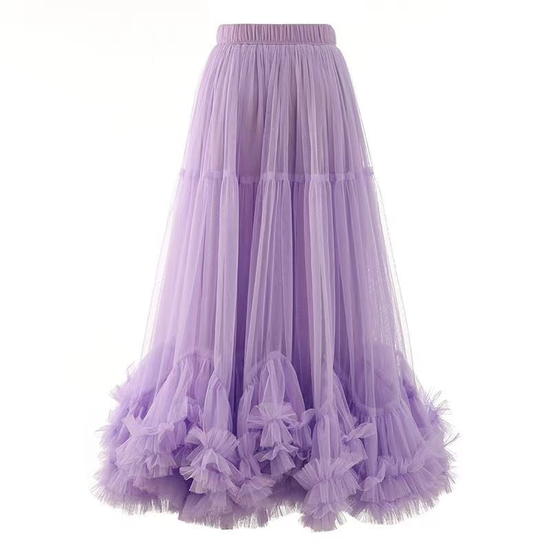 Autumn Heavy Industry Fungus Edge Splicing Large Hem Tutu Skirt High Waist A-Line Fairy Elegant Cake Skirt Mesh Skirt