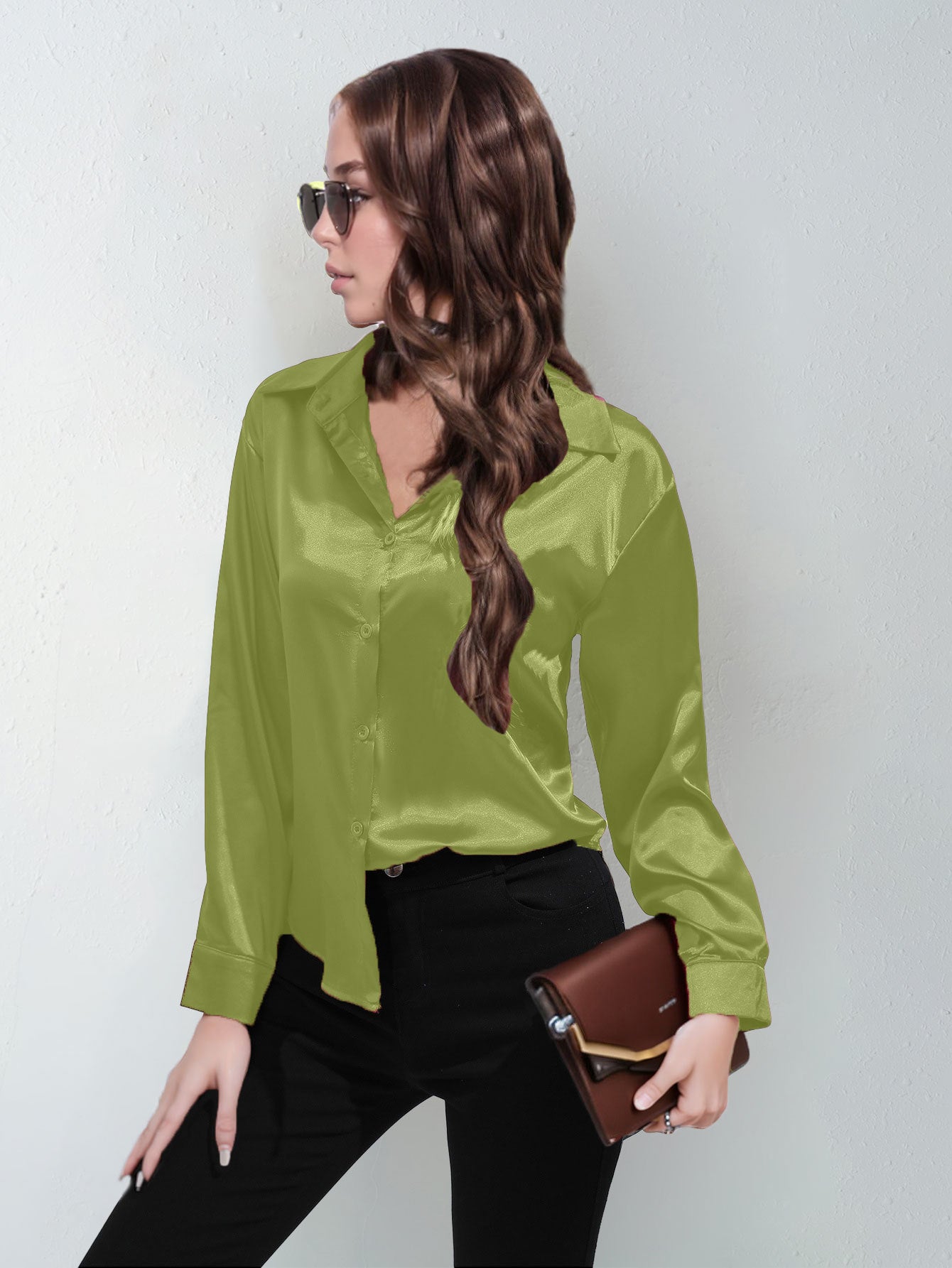Satin Shirt Women's Satin Imitation Silk Long-Sleeved Amazon's Popular Solid Color Top Elegant Button-Down Lapel Shirt