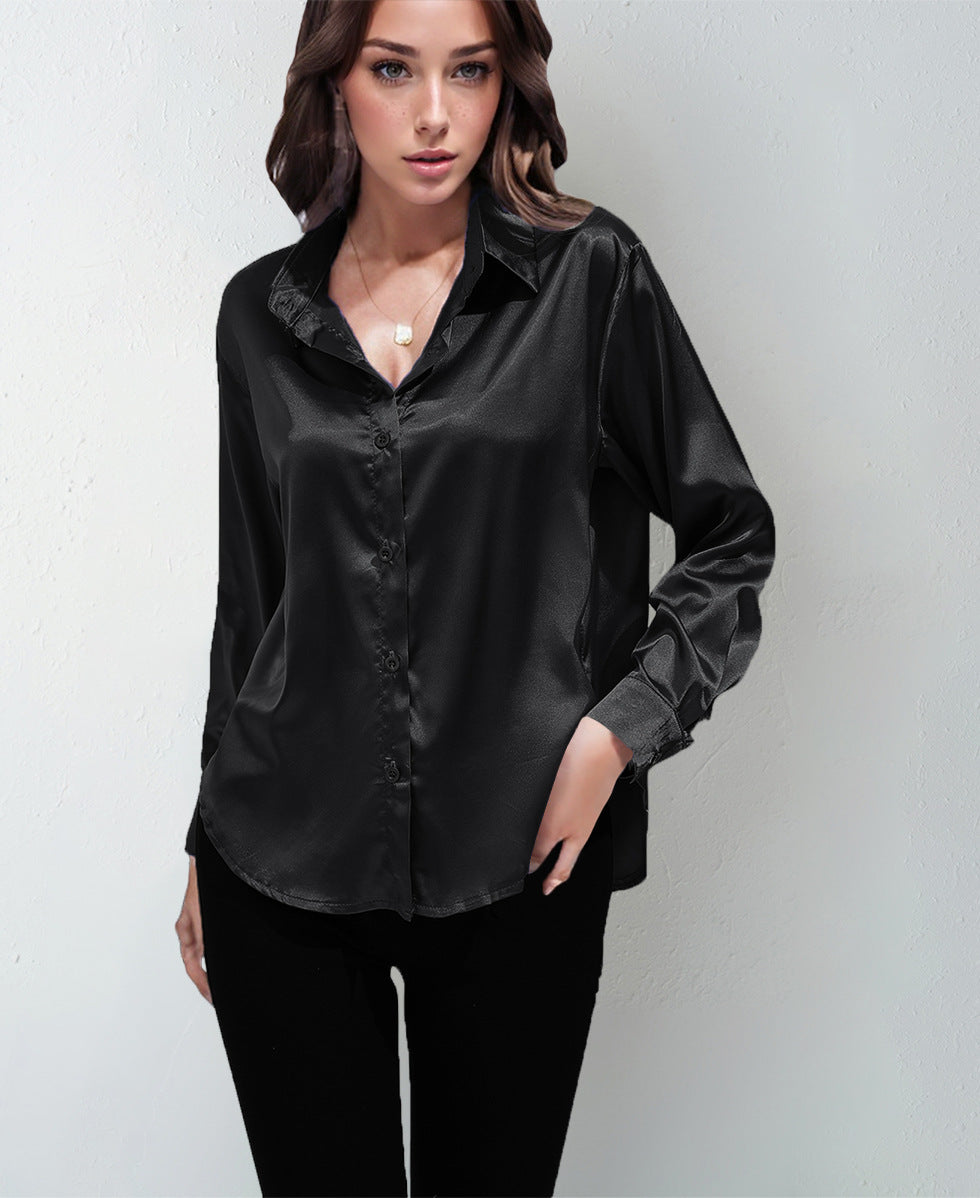 Satin Shirt Women's Satin Imitation Silk Long-Sleeved Amazon's Popular Solid Color Top Elegant Button-Down Lapel Shirt