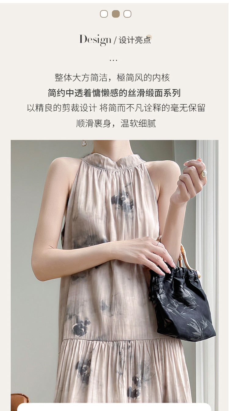Summer Thin New Silk Satin Halterneck Dress with Sexy and Beautiful Back Lace-Up Vest Sleeveless Mulberry Silk