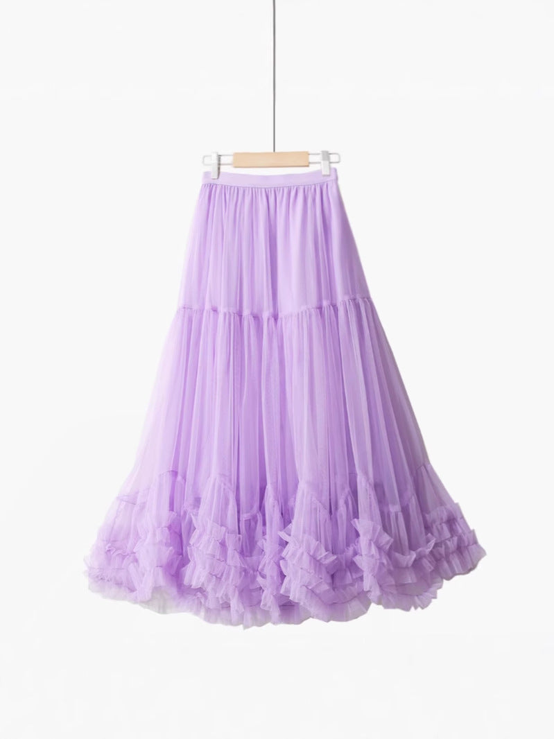 Autumn Heavy Industry Fungus Edge Splicing Large Hem Tutu Skirt High Waist A-Line Fairy Elegant Cake Skirt Mesh Skirt