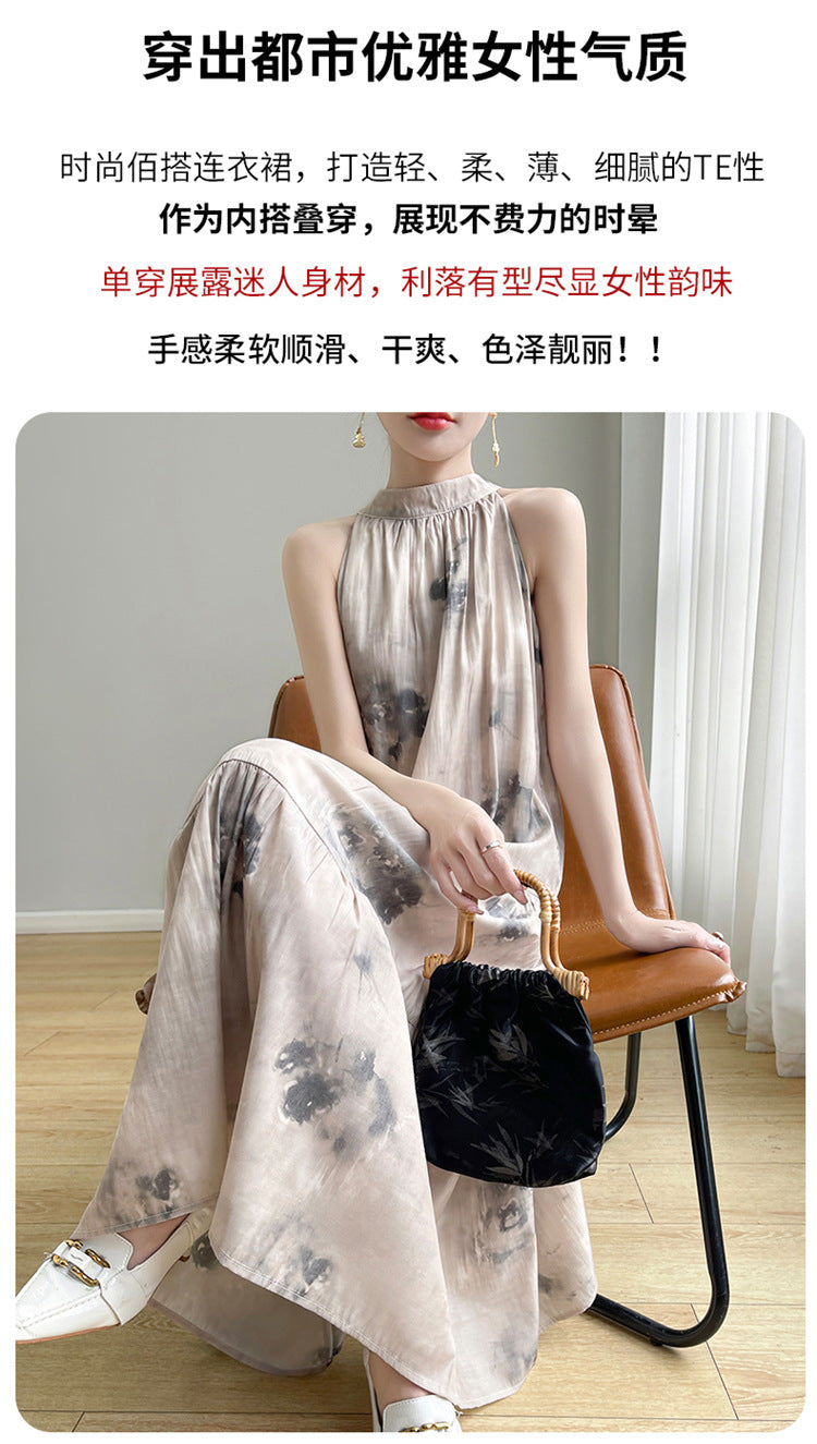 Summer Thin New Silk Satin Halterneck Dress with Sexy and Beautiful Back Lace-Up Vest Sleeveless Mulberry Silk