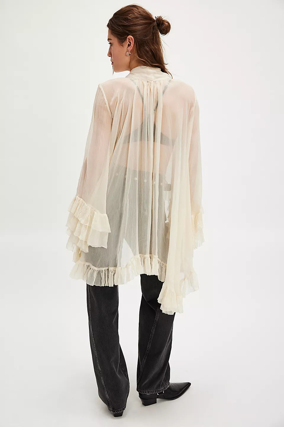 European and American women's fashion sexy perspective blouse top 2025 summer new horn sleeve design French lace