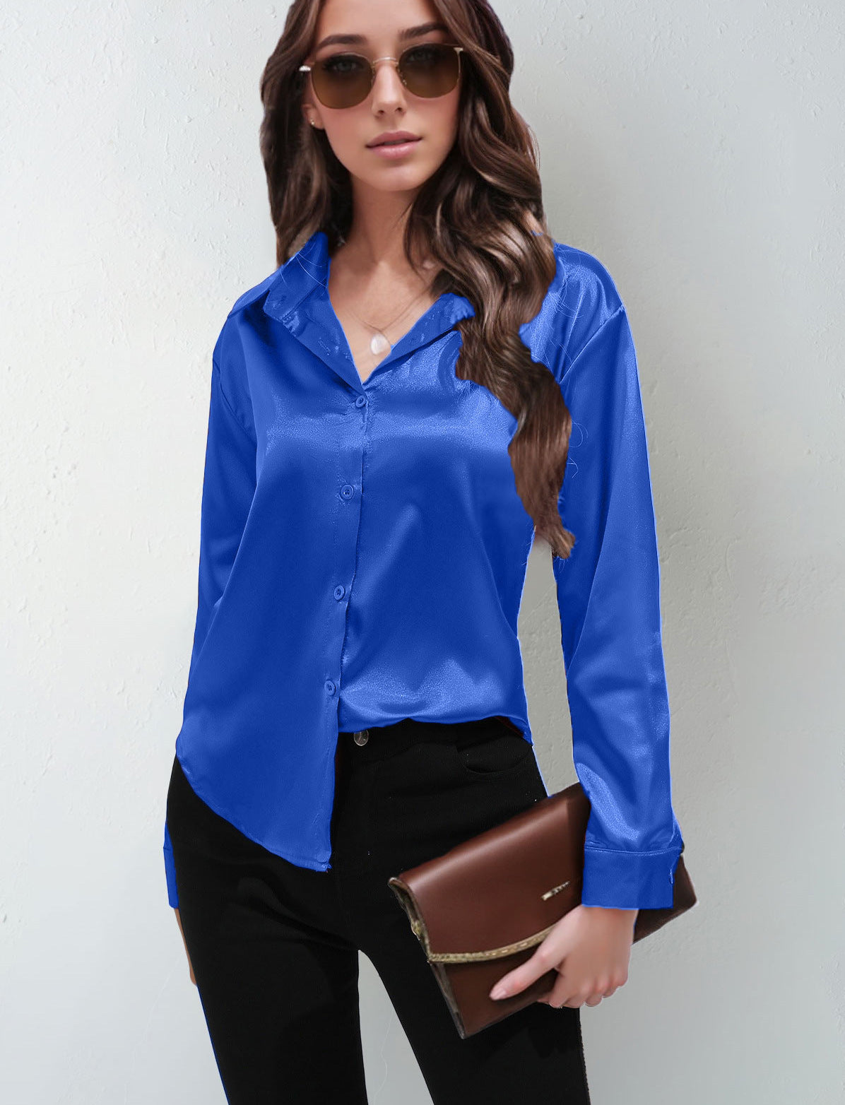 Satin Shirt Women's Satin Imitation Silk Long-Sleeved Amazon's Popular Solid Color Top Elegant Button-Down Lapel Shirt