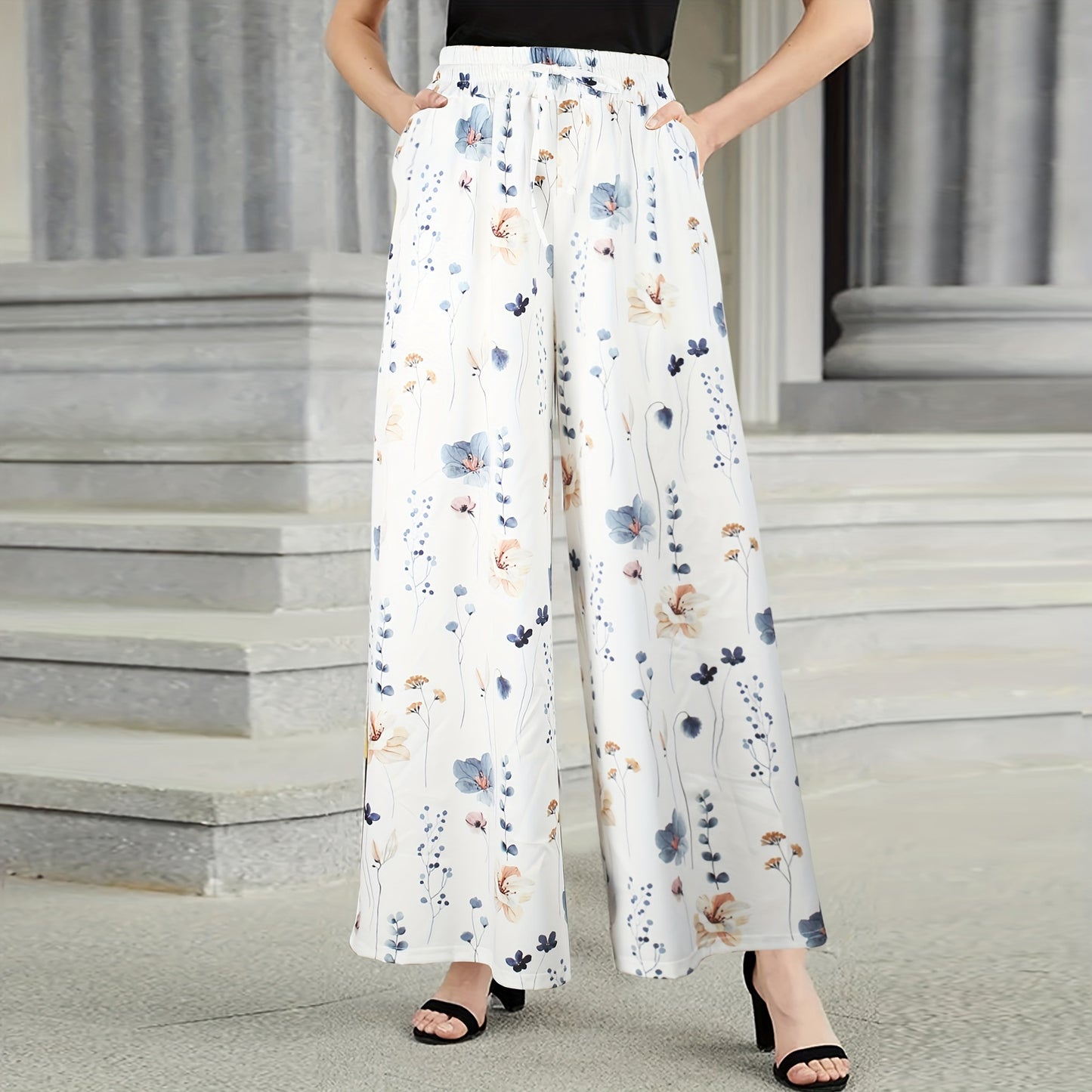 Cross-border Amazon European and American Spring and Autumn Flower Printed Casual Loose Pants Pocket Staggered Waist Elegant Wide Leg Pants