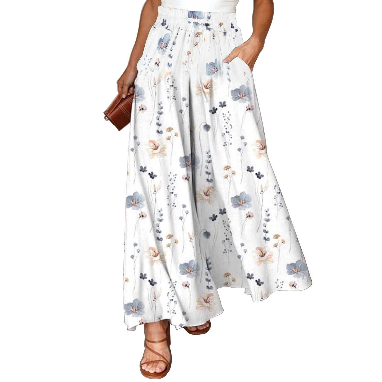 Cross-border Amazon European and American Spring and Autumn Flower Printed Casual Loose Pants Pocket Staggered Waist Elegant Wide Leg Pants