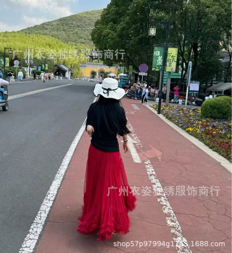 Autumn Heavy Industry Fungus Edge Splicing Large Hem Tutu Skirt High Waist A-Line Fairy Elegant Cake Skirt Mesh Skirt