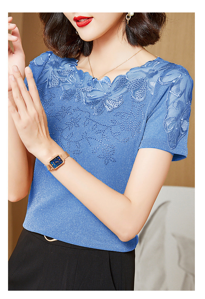 Summer New Lace Blouse, Stylish Diamond-Embroidered Short-Sleeved Women's Top, T-Shirt, Gauze Blouse