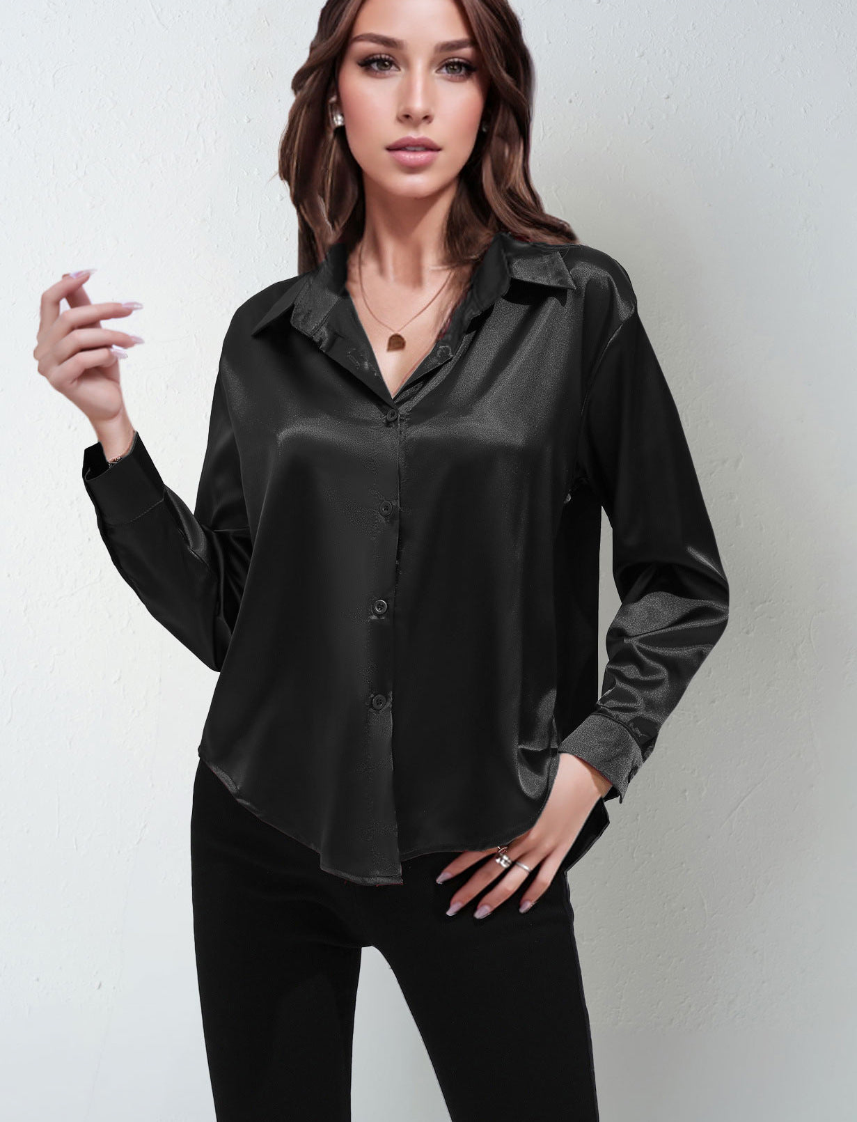 Satin Shirt Women's Satin Imitation Silk Long-Sleeved Amazon's Popular Solid Color Top Elegant Button-Down Lapel Shirt