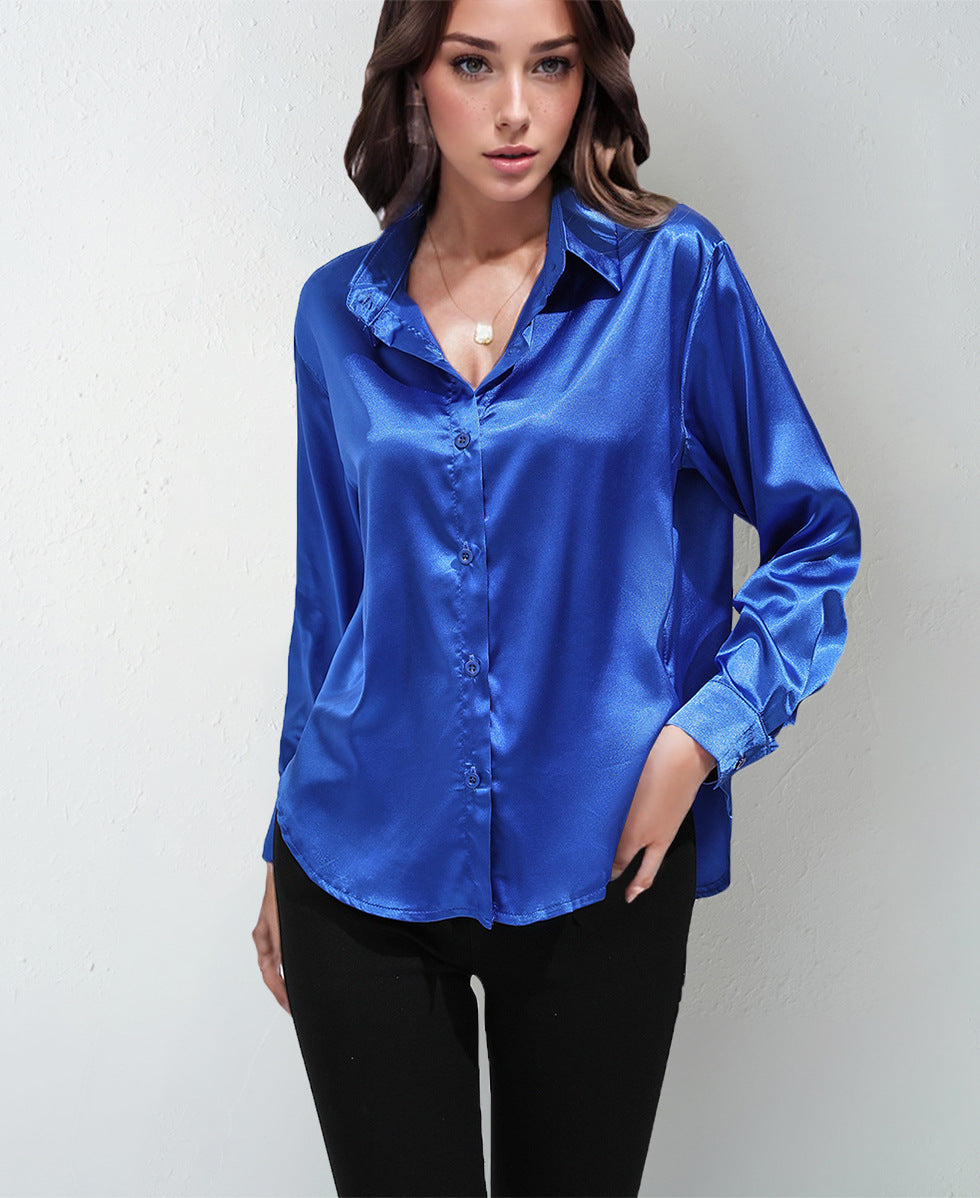 Satin Shirt Women's Satin Imitation Silk Long-Sleeved Amazon's Popular Solid Color Top Elegant Button-Down Lapel Shirt