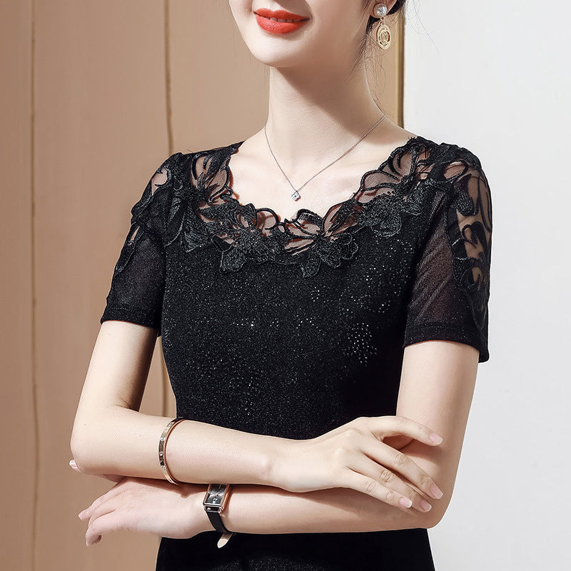 Summer New Lace Blouse, Stylish Diamond-Embroidered Short-Sleeved Women's Top, T-Shirt, Gauze Blouse