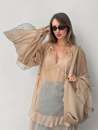 Cross-Border Women's Bat Sleeve Dress Fashionable Sun Protection Blouse Long Skirt See-Through