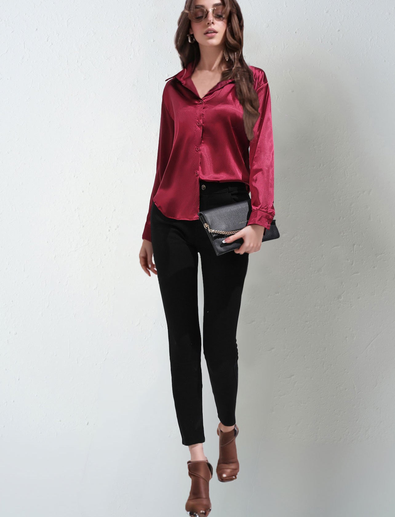 Satin Shirt Women's Satin Imitation Silk Long-Sleeved Amazon's Popular Solid Color Top Elegant Button-Down Lapel Shirt