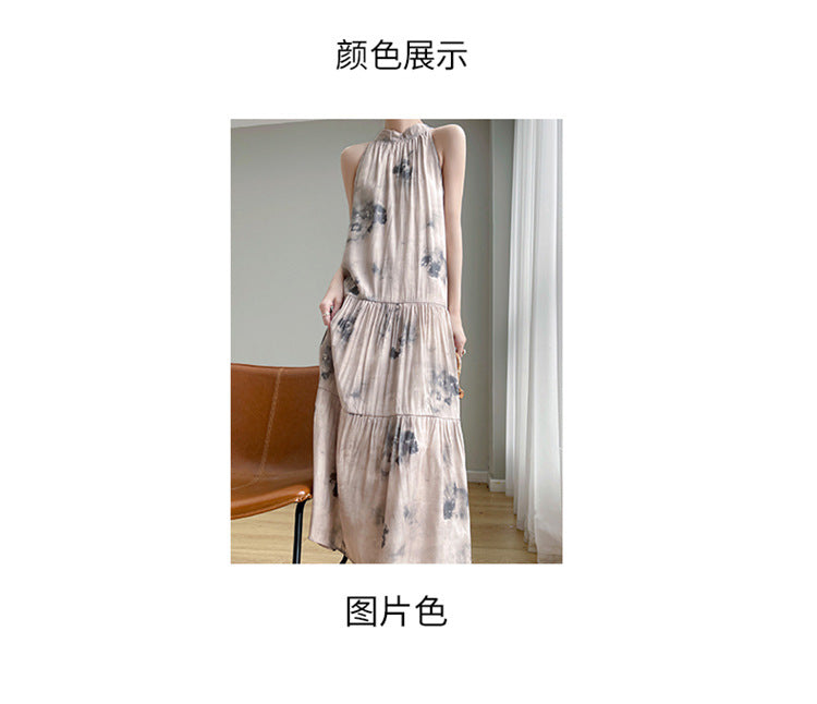 Summer Thin New Silk Satin Halterneck Dress with Sexy and Beautiful Back Lace-Up Vest Sleeveless Mulberry Silk